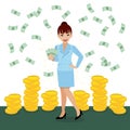 Rich businesswoman throwing money up. Successful business concept vector