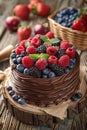 A rich chocolate cake adorned with fresh berries and raspberries on a white background Royalty Free Stock Photo