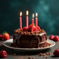 A rich chocolate cake, topped with lit candles , flame, layered Royalty Free Stock Photo