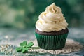 Rich chocolate cupcake topped with swirls of creamy vanilla buttercream on a lace doily Royalty Free Stock Photo