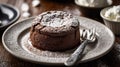 A rich chocolate dessert dusted with powdered sugar, served on a plate with a fork Royalty Free Stock Photo