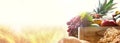 Chuseok and Thanksgiving fruit decoration and rice and barley field landscape background