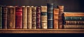 Rich collection of ornate, vintage leatherbound books lined up on a shelf. Concept of antiquarian books, classic