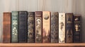 A rich collection of ornate, vintage leatherbound books lined up on a shelf. Concept of antiquarian books, classic