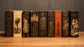 A rich collection of ornate, vintage leatherbound books lined up on a shelf. Concept of antiquarian books, classic