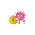 Rich corona virus mascot cartoon design style with gold coin