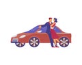 Rich couple millionaires near luxury car, flat vector illustration isolated.