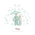 Rich couple with umbrella, successful entrepreneurship, profitable investment, financial literacy, lottery banner