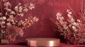 The rich crimson hue of the velvet backdrop sets the stage for a stunning rose gold podium delicately embellished with