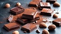 Rich dark chocolate bars and hazelnuts are scattered on a slate surface, dusted with cocoa powder, creating a visually Royalty Free Stock Photo
