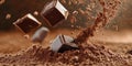 Rich dark chocolate squares falling into cocoa powder, creating dynamic scene