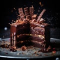 rich and decadent chocolate cake, layered with ganache and adorned with chocolate shavings by AI generated