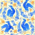 Rich decorated seamless pattern. Fantastic ornament with French folk painted cock. Floral motifs. Ethnic print for fabric,