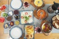 Rich and delicious traditional Turkish breakfast on the table. Royalty Free Stock Photo