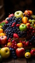 The rich, earthy tones of a still life painting, with fruits and vegetables arranged in a rusti