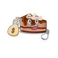 Rich and famous chocolate cheesecake cartoon character holding money bag Royalty Free Stock Photo