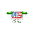 Rich and famous independence day stamp cartoon character with money on hands