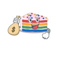 Rich and famous rainbow cake cartoon character holding money bag