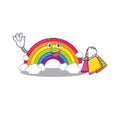 Rich and famous rainbow cartoon character holding shopping bags