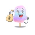 Rich and famous rainbow cotton candy cartoon character holding money bag