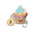 Rich and famous rainbow cupcake cartoon character holding money bag