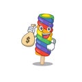 Rich and famous rainbow ice cream cartoon character holding money bag Royalty Free Stock Photo