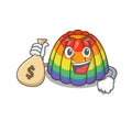 Rich and famous rainbow jelly cartoon character holding money bag