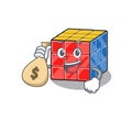 Rich and famous rubic cube cartoon character holding money bag