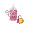 Rich and famous strawberry bubble tea cartoon character holding shopping bags