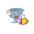 Rich and famous tornado cartoon character holding shopping bags