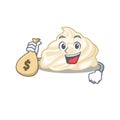 Rich and famous whipped cream cartoon character holding money bag Royalty Free Stock Photo