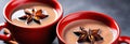 Rich and flavorful Champurrado beverage served in twin mugs, accented with cinnamon sticks and star anise, against a