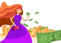 Rich girl holds bank note, big pile of money, people woman cartoon character business successful concept, flat design style vector