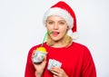 Rich girl with lemon and money. Girl santa hat drink juice lemon wrapped dollar banknote. Woman lemon millionaire