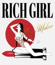 Rich girl. Money maker.  Vector hand drawn illustration of girl in swimsuit with pomade isolated. Royalty Free Stock Photo