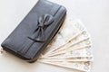 Rich girl or woman from Poland, black purse with a bow, full of polish money. Royalty Free Stock Photo