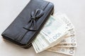 Rich girl or woman from Poland, black purse with a bow, full of polish money. Royalty Free Stock Photo