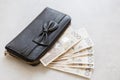 Rich girl or woman from Poland, black purse with a bow, full of polish money. Royalty Free Stock Photo