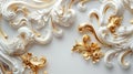 a rich golden baroque ornament delicately engraved on a pristine white background. The intricate details and lavish