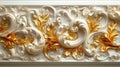 a rich golden baroque ornament delicately engraved on a pristine white background. The intricate details and lavish