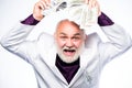 Rich grandpa. Successful lucky businessman. Senior man pensioner hold cash money. Earn money profit. Banking and money