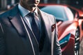 A rich guy in formal business suit which is standing in front of a red supercar, successful businessman concept, illustration ai