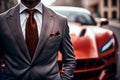 A rich guy in formal business suit which is standing in front of a sport supercar, successful businessman concept, illustration ai