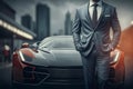 A rich guy in formal business suit which is standing in front of a supercar, successful businessman concept