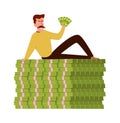 Rich guy. Happy wealthy businessman sitting on stack of money, vector pile cash with man