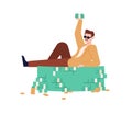 Rich guy in sunglasses lying on heap of cash and coins vector flat illustration. Male millionaire raising up wad of