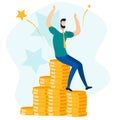 Rich Happy Businessman Sitting on Gold Coin Stack