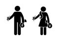 Rich happy stick figure business man and woman standing with moneybags and drinks vector icon pictogram silhouette set on white