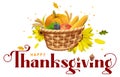 Rich harvest full basket pumpkin, corn, wheat, apple, grapes. Happy Thanksgiving ornate text lettering for greeting card