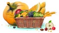 Rich harvest full wicker basket of fruit and vegetable. Thanksgiving Day heavy crop